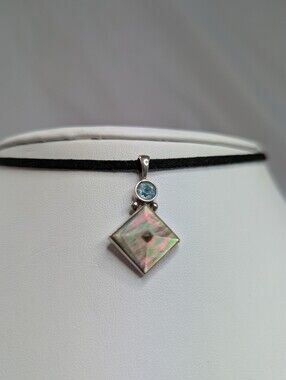 Sterling Silver Abalone Square Pendant with Blue Topaz Accent